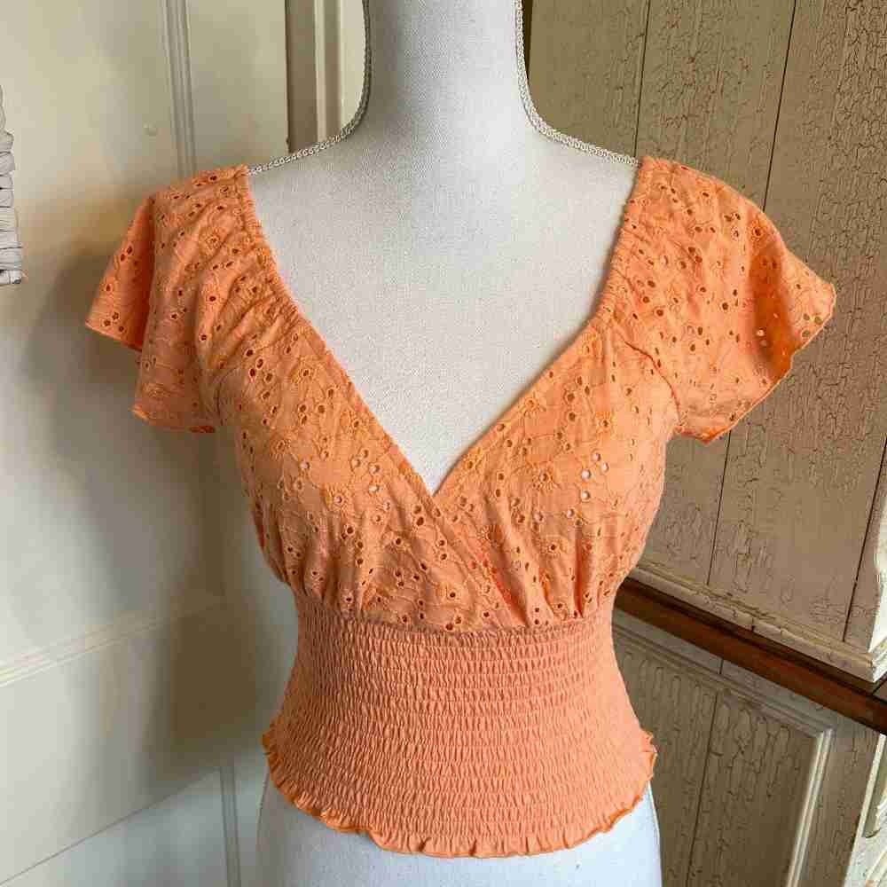 Orange Eyelet Smocked Women Top